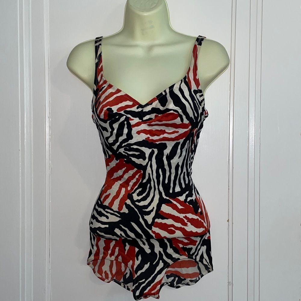 Vtg 60s/70s Bali black & orange animal‎ print one piece swimsuit